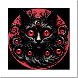 Spooky Abstract Black Cat Demon With Many Eyes Posters and Art